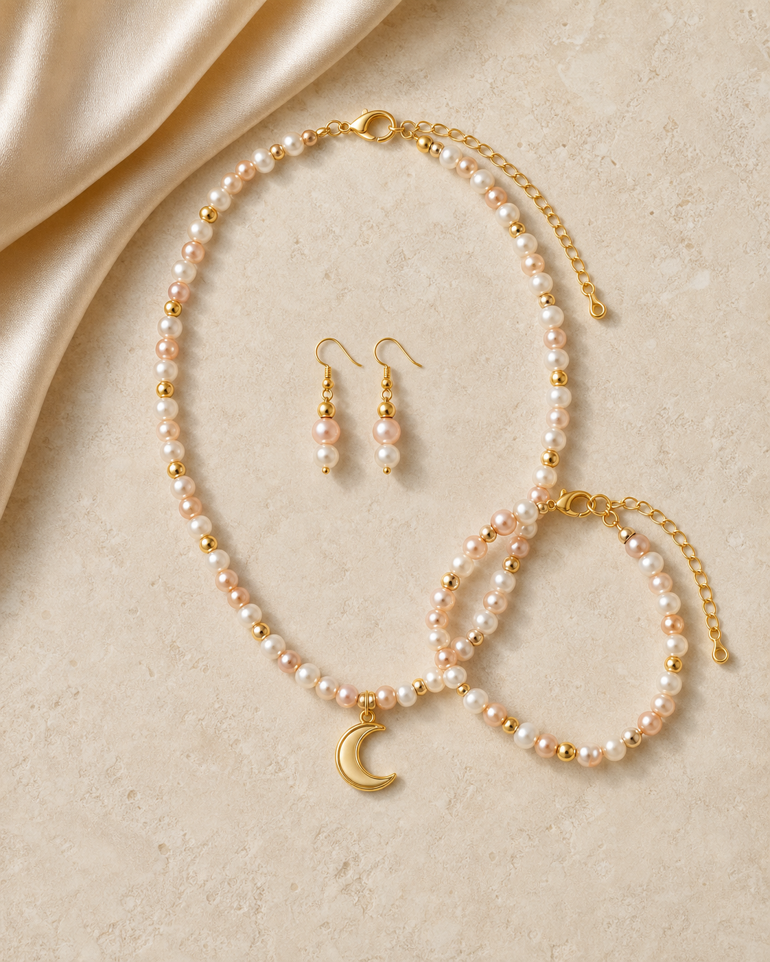 Fotorealistisches PERLENA Pearl Moon Schmuckset mit Kette Armband und Ohrringen